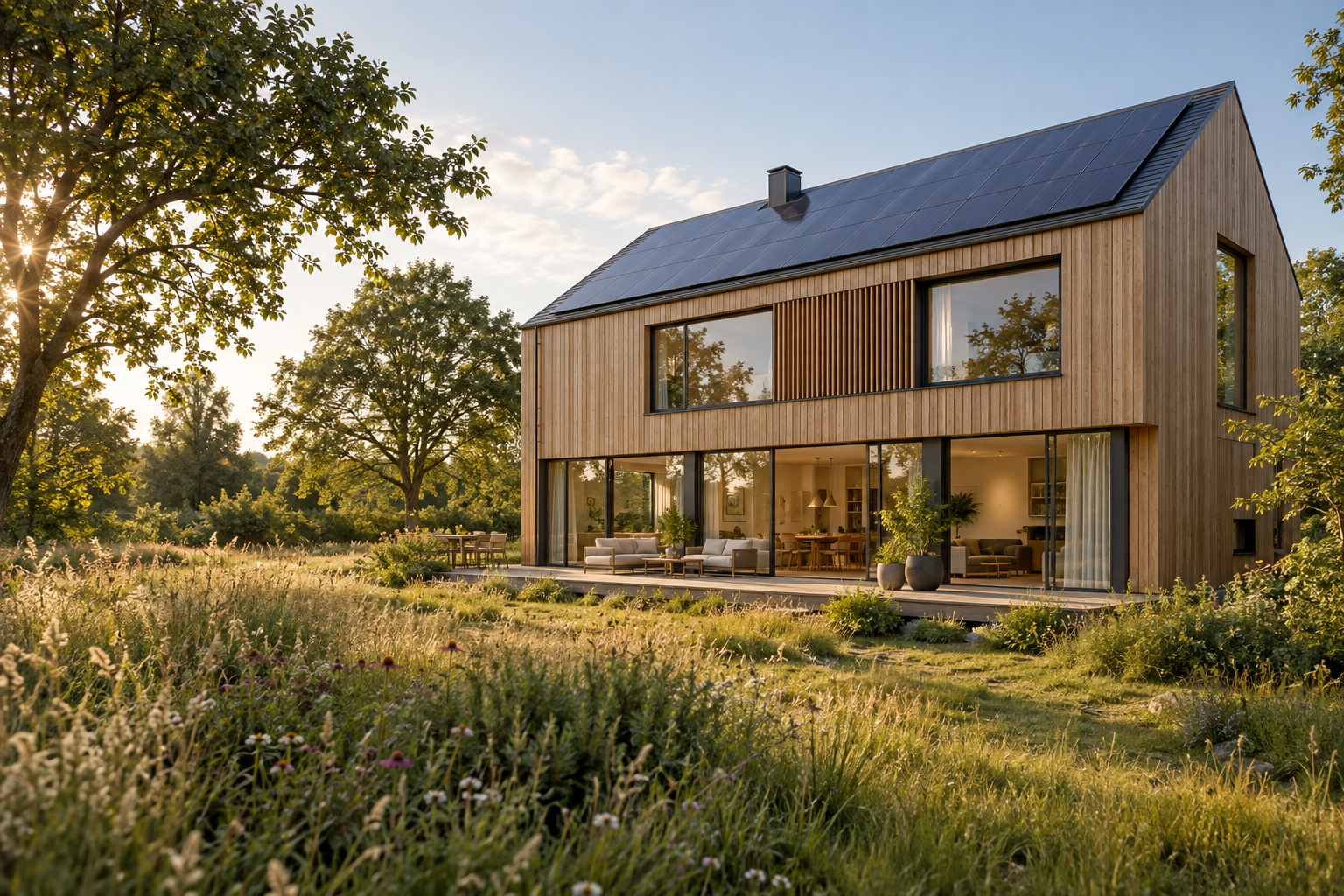 Architekturvisualisierung eines modernen Holzhauses mit großen Glasflächen und Photovoltaik auf dem Dach